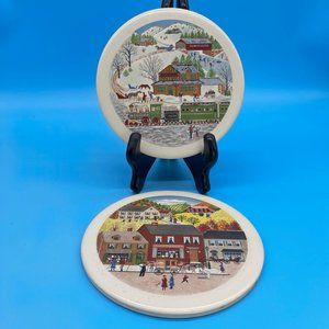 Set 2 Round Christmas Holiday Village Scene Ceramic Cork Back Trivets by Hyalyn